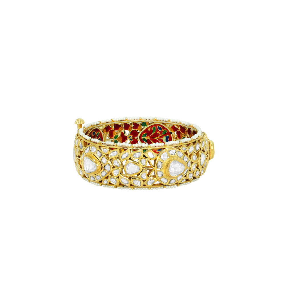 Lattice Polki Bangle with Red-Green Enamel and Pearls